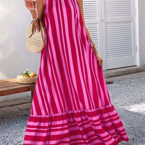 Pink Casual Women's Woven Striped Print Spaghetti Strap Dress - Picture 6 of 6